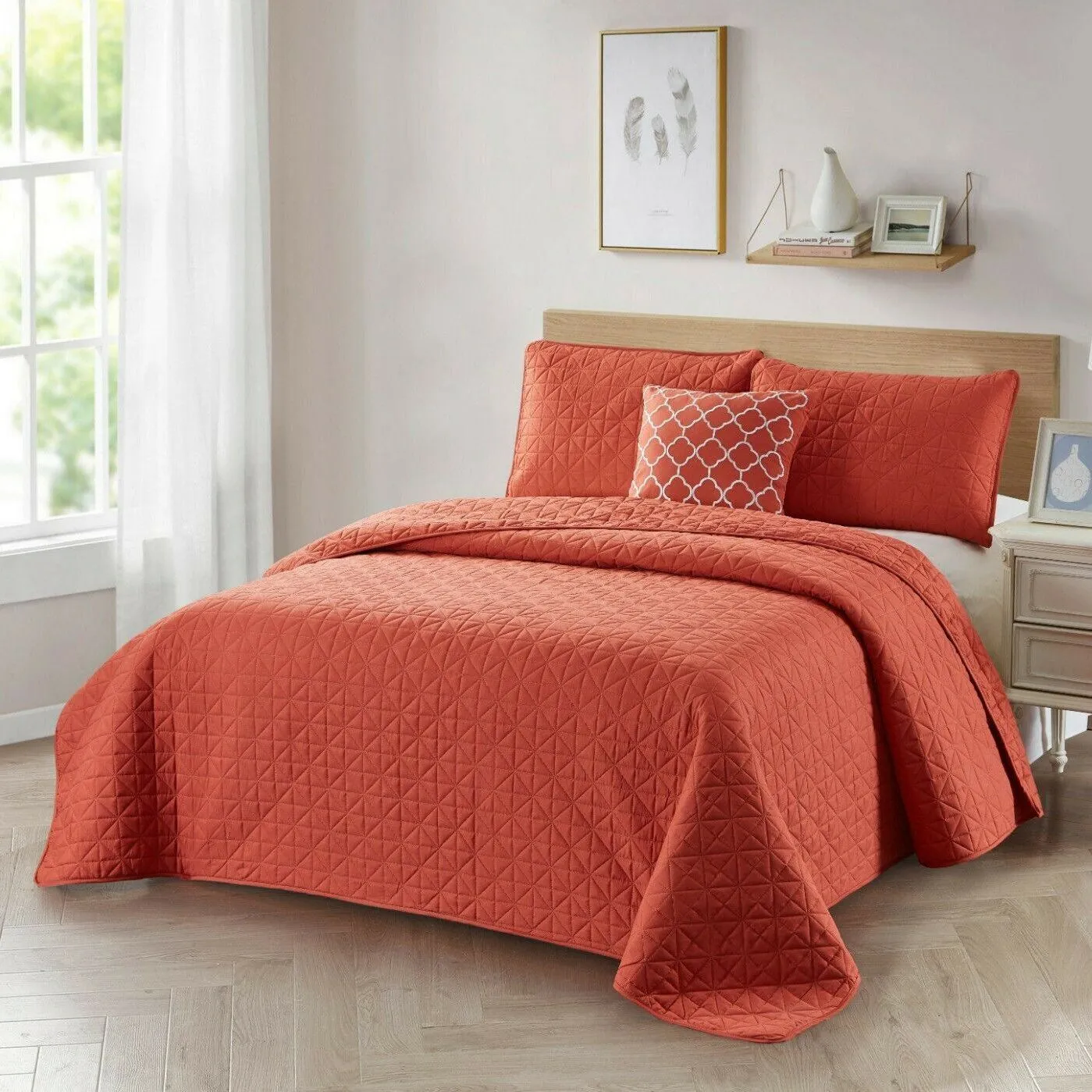 4-Piece: Bibb Home Solid Reversible Quilt Set with Embroidered Cushion