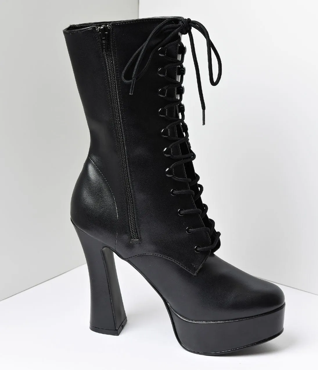 Black Faux Leather Lace Up Platform Ankle Boots