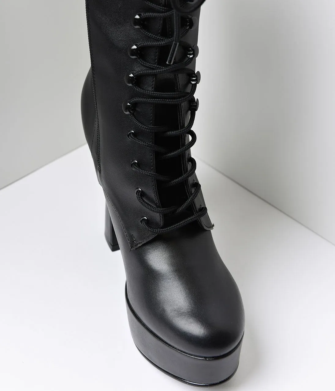 Black Faux Leather Lace Up Platform Ankle Boots