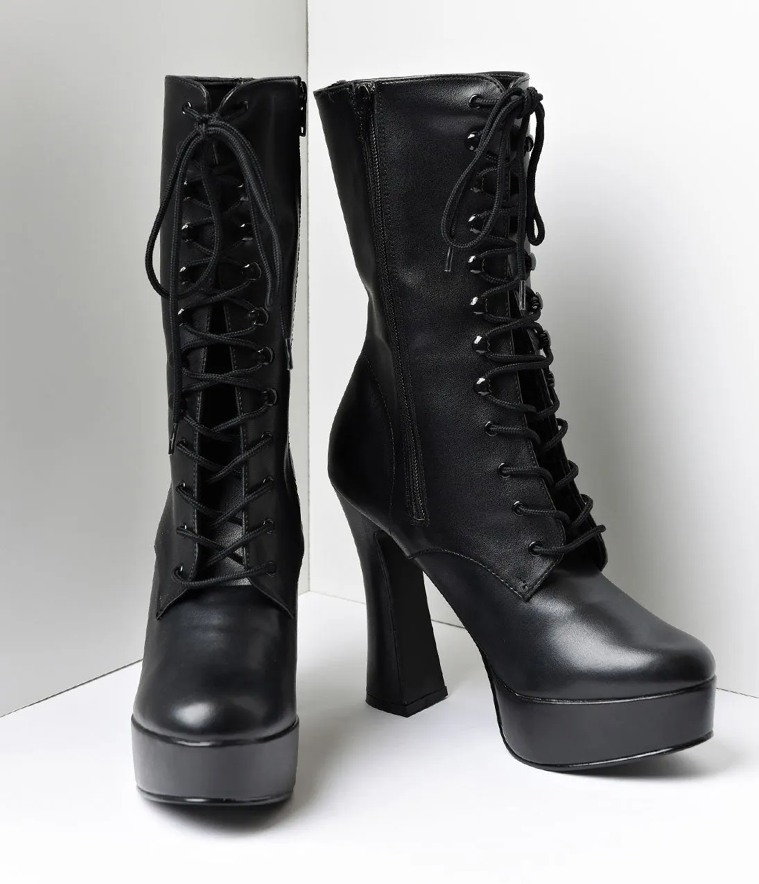 Black Faux Leather Lace Up Platform Ankle Boots