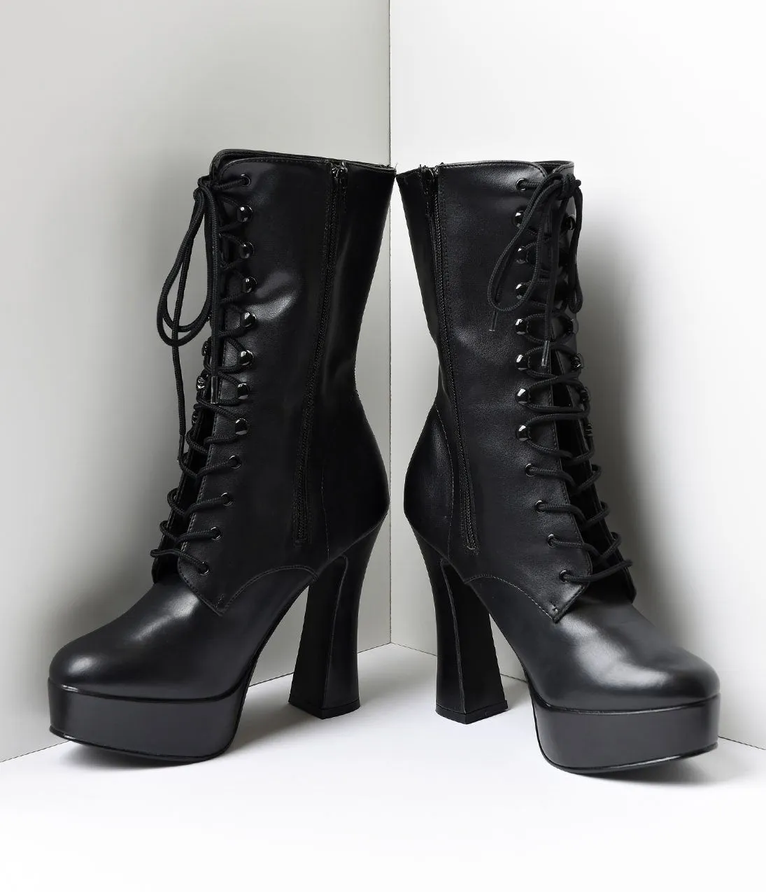 Black Faux Leather Lace Up Platform Ankle Boots