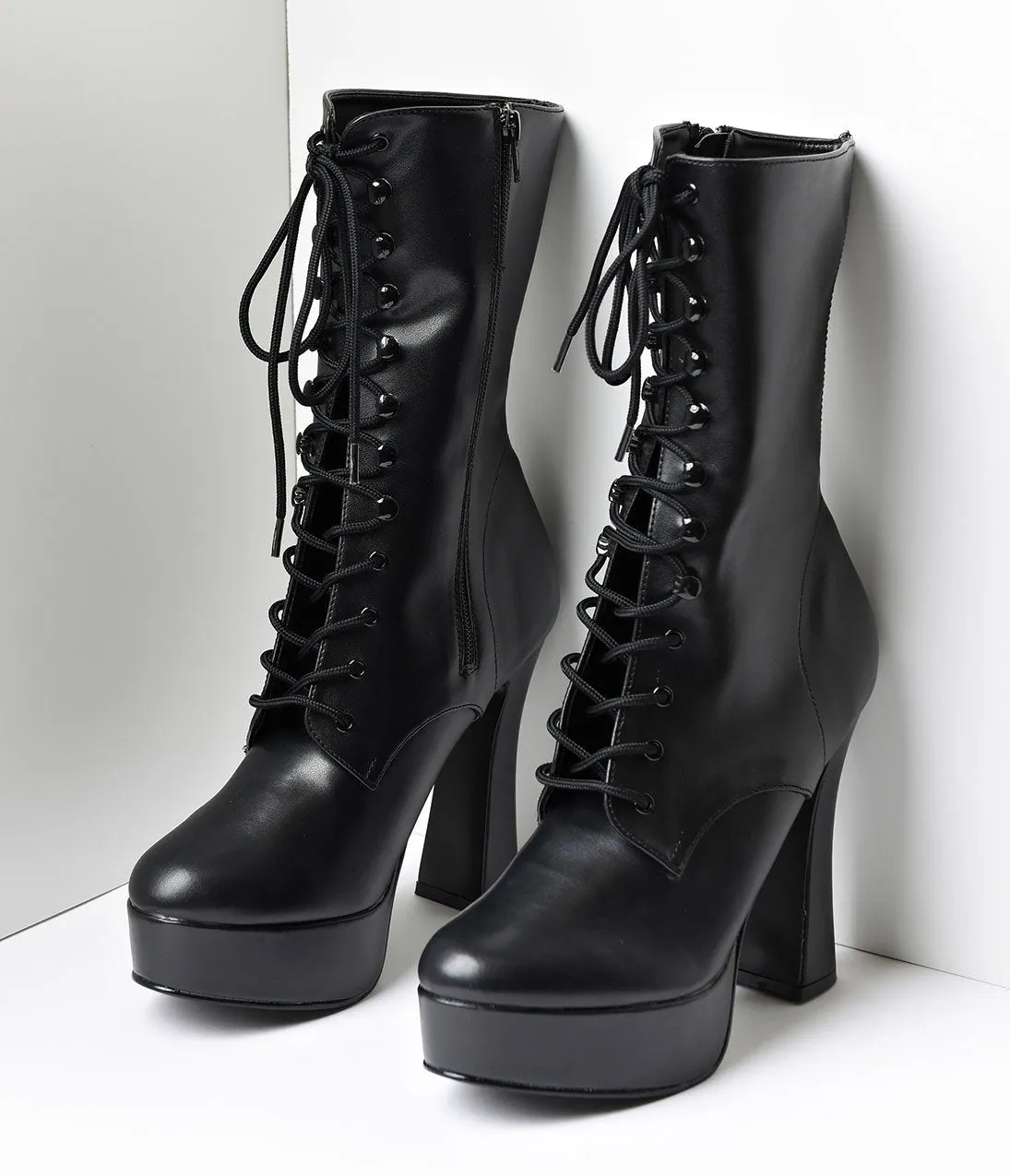 Black Faux Leather Lace Up Platform Ankle Boots