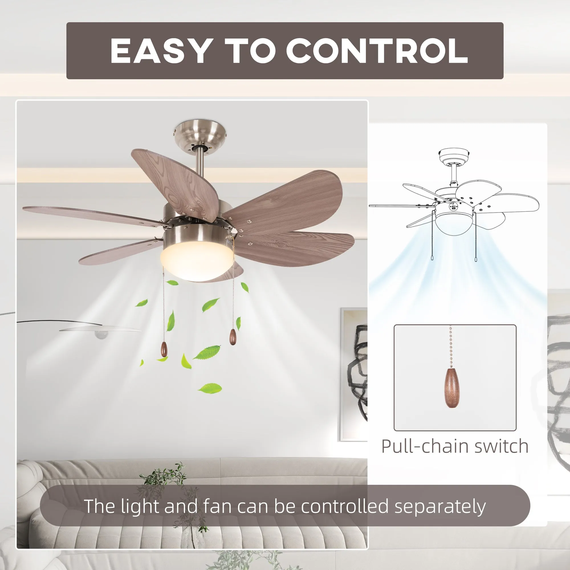 Ceiling Fan with LED Light, Flush Mount Ceiling Fan Lights with 6 Reversible Blades, Pull-chain Switch, Walnut Brown