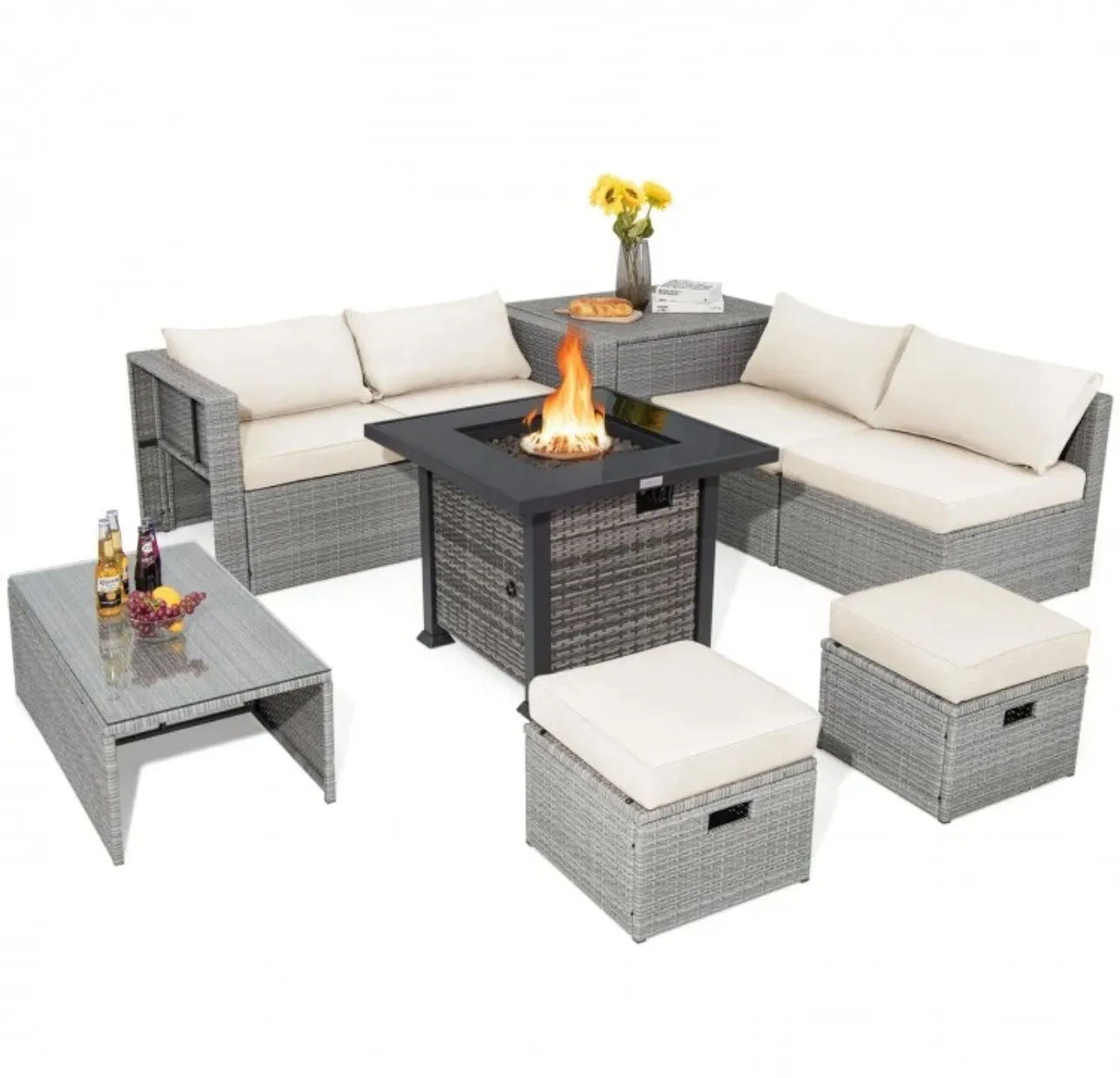 Classy & Elegant 9 Piece Wicker Outdoor Patio Furniture Set With 32 Inch Propane Fire Pit Table | Storage | Cover | Comfy Seating | High Quality | PE Rattan