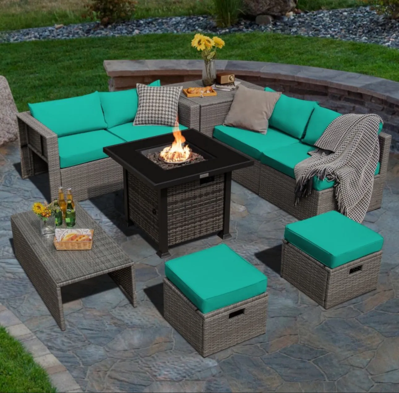 Classy & Elegant 9 Piece Wicker Outdoor Patio Furniture Set With 32 Inch Propane Fire Pit Table | Storage | Cover | Comfy Seating | High Quality | PE Rattan