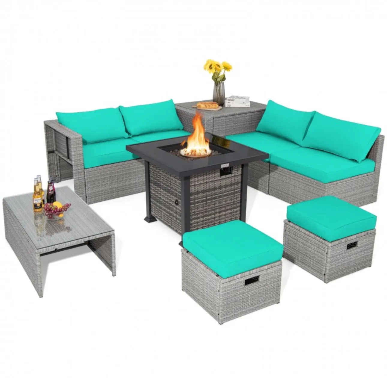 Classy & Elegant 9 Piece Wicker Outdoor Patio Furniture Set With 32 Inch Propane Fire Pit Table | Storage | Cover | Comfy Seating | High Quality | PE Rattan