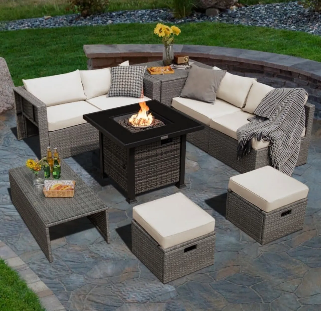 Classy & Elegant 9 Piece Wicker Outdoor Patio Furniture Set With 32 Inch Propane Fire Pit Table | Storage | Cover | Comfy Seating | High Quality | PE Rattan