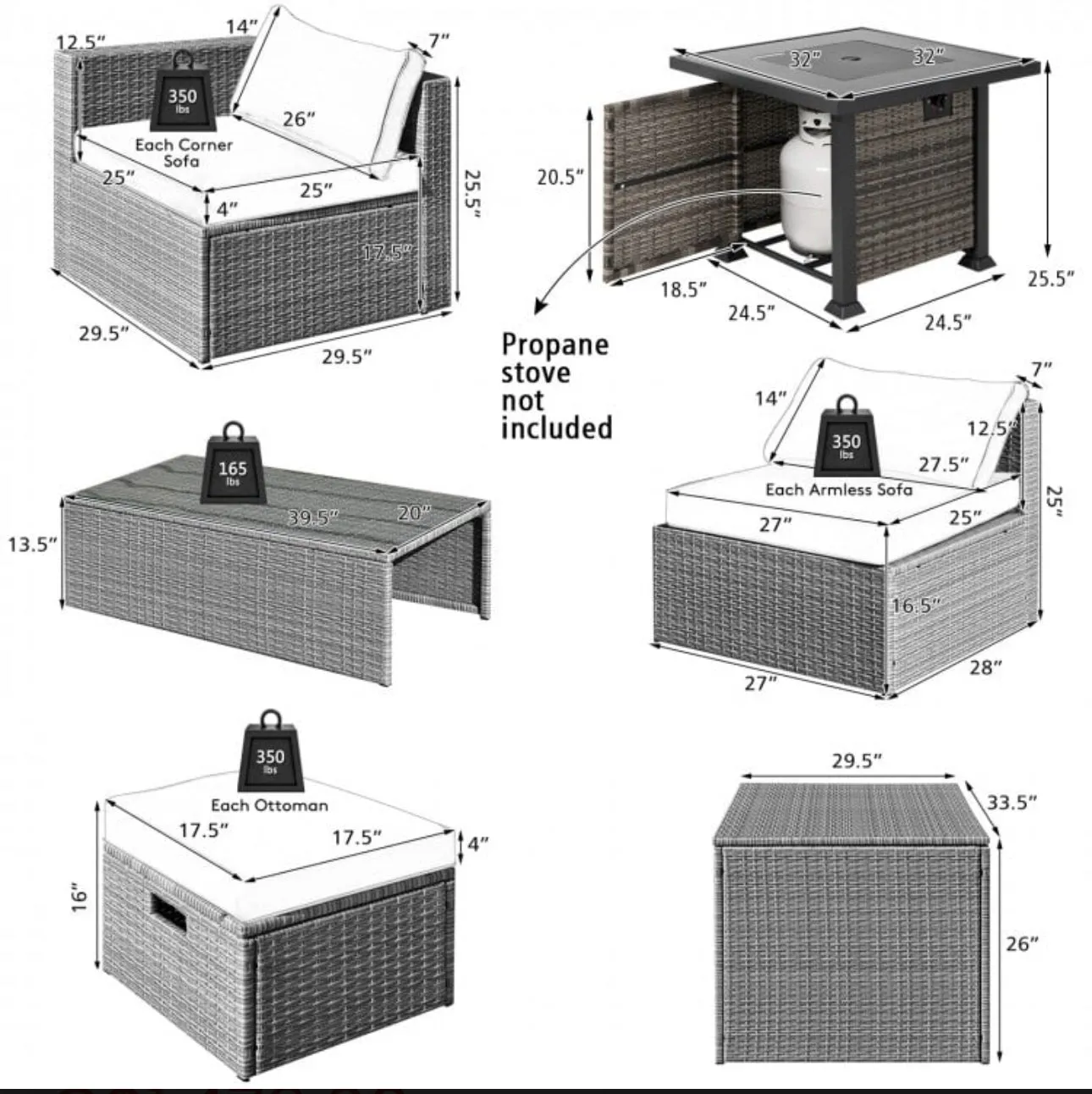 Classy & Elegant 9 Piece Wicker Outdoor Patio Furniture Set With 32 Inch Propane Fire Pit Table | Storage | Cover | Comfy Seating | High Quality | PE Rattan