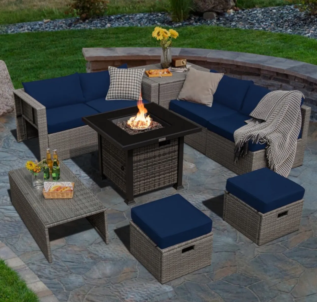 Classy & Elegant 9 Piece Wicker Outdoor Patio Furniture Set With 32 Inch Propane Fire Pit Table | Storage | Cover | Comfy Seating | High Quality | PE Rattan