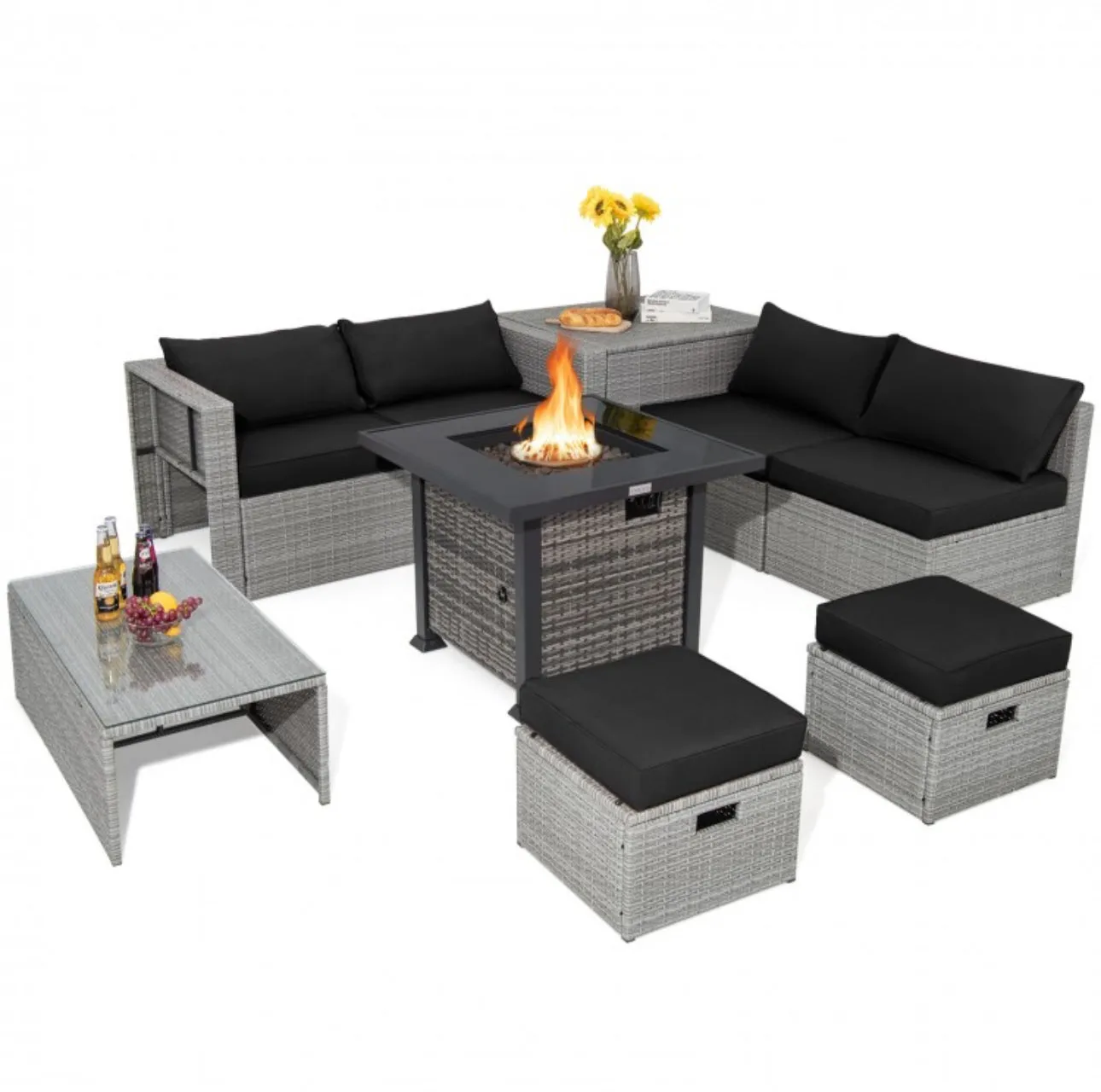 Classy & Elegant 9 Piece Wicker Outdoor Patio Furniture Set With 32 Inch Propane Fire Pit Table | Storage | Cover | Comfy Seating | High Quality | PE Rattan