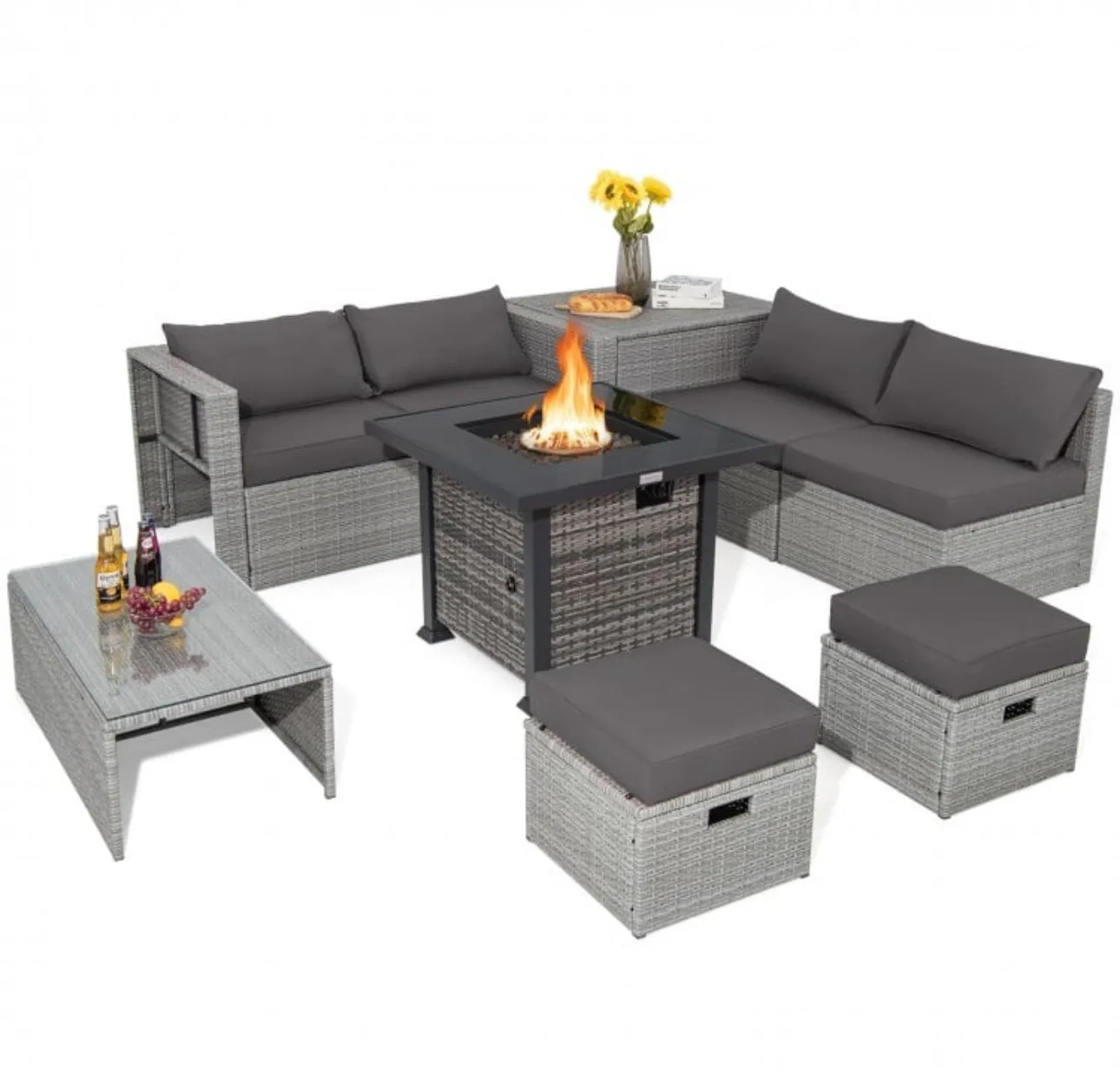 Classy & Elegant 9 Piece Wicker Outdoor Patio Furniture Set With 32 Inch Propane Fire Pit Table | Storage | Cover | Comfy Seating | High Quality | PE Rattan