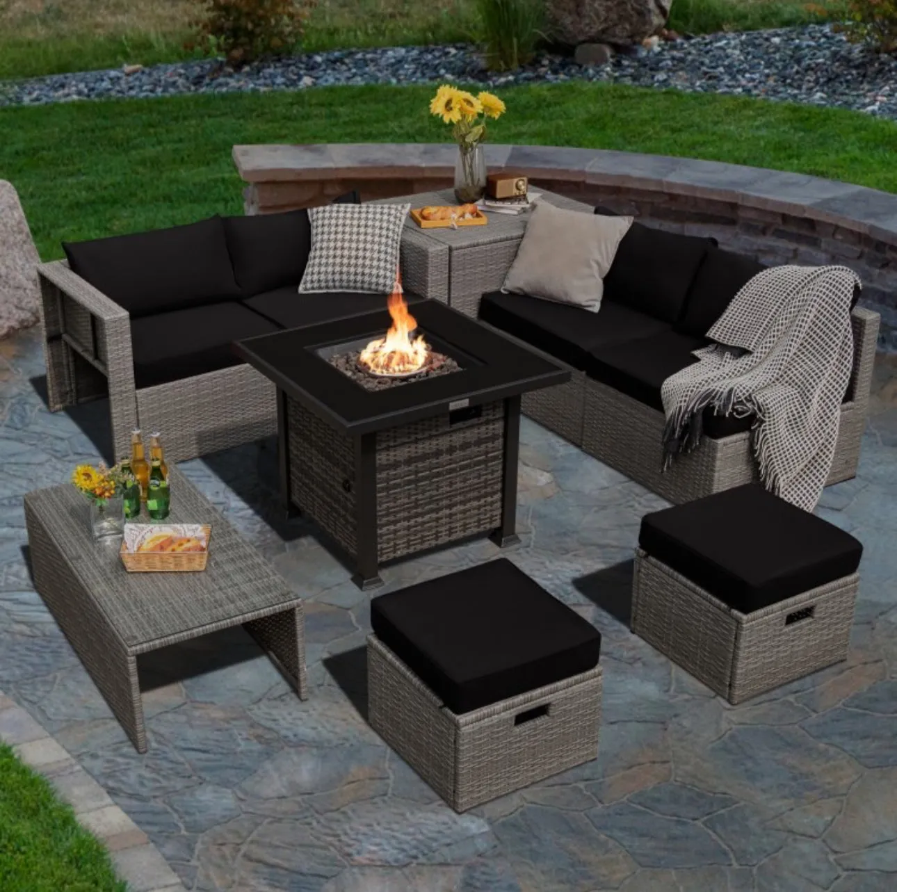 Classy & Elegant 9 Piece Wicker Outdoor Patio Furniture Set With 32 Inch Propane Fire Pit Table | Storage | Cover | Comfy Seating | High Quality | PE Rattan