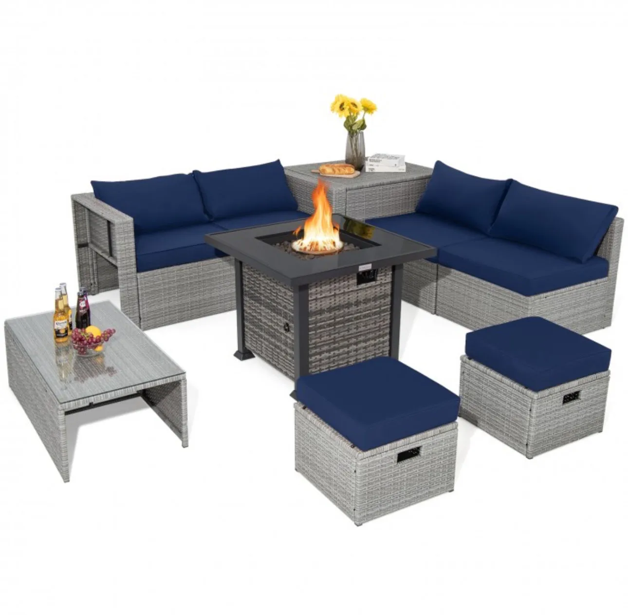 Classy & Elegant 9 Piece Wicker Outdoor Patio Furniture Set With 32 Inch Propane Fire Pit Table | Storage | Cover | Comfy Seating | High Quality | PE Rattan