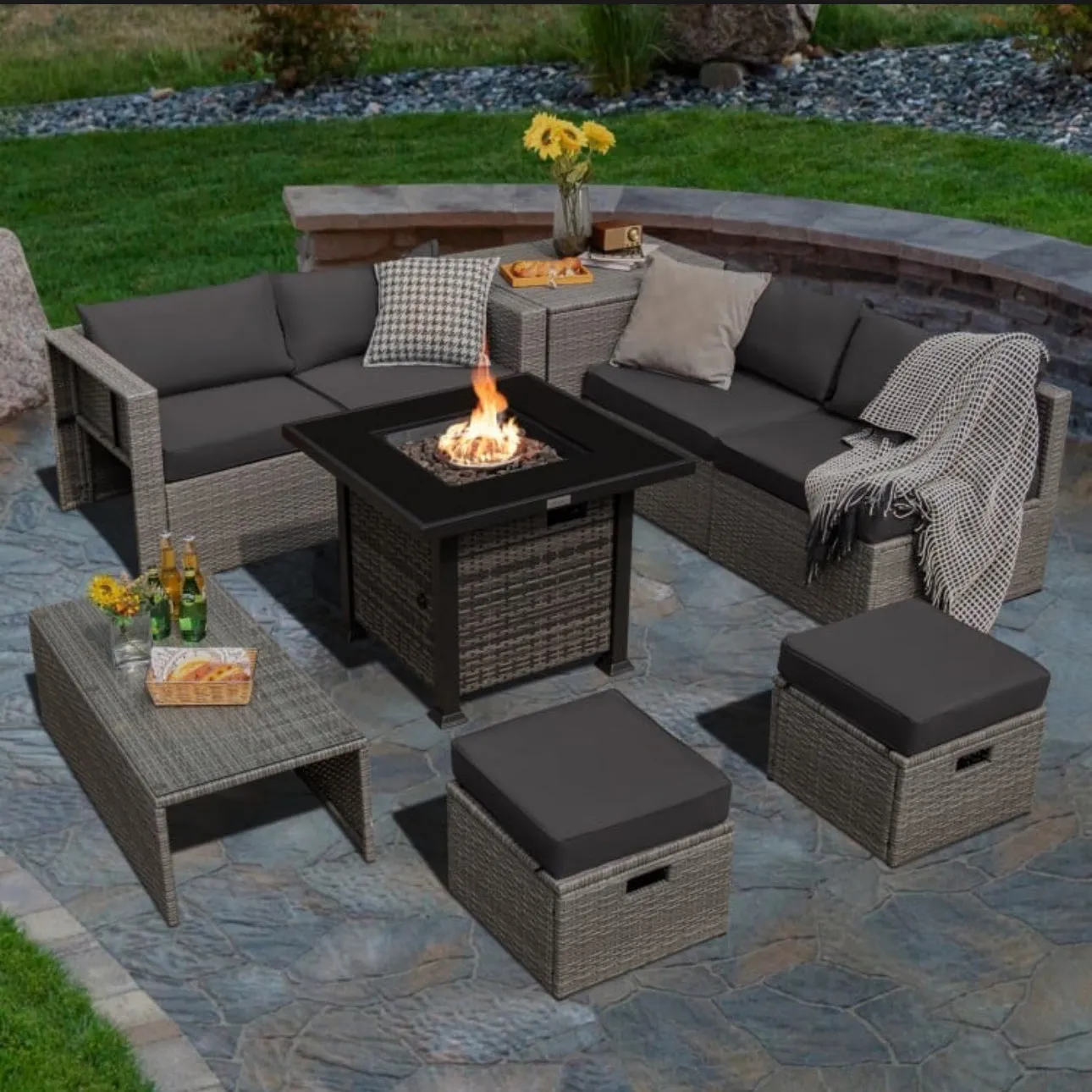 Classy & Elegant 9 Piece Wicker Outdoor Patio Furniture Set With 32 Inch Propane Fire Pit Table | Storage | Cover | Comfy Seating | High Quality | PE Rattan