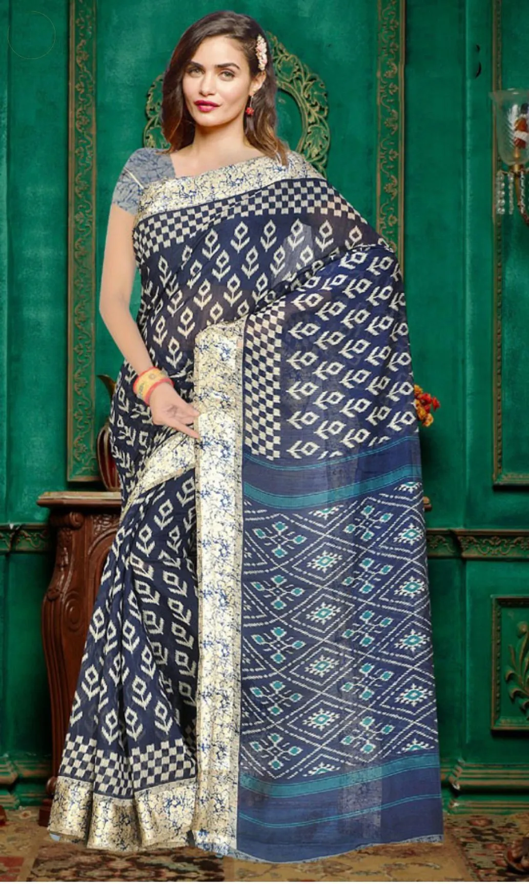 Dark Blue Designer Women’s Cotton Satin Printed Saree