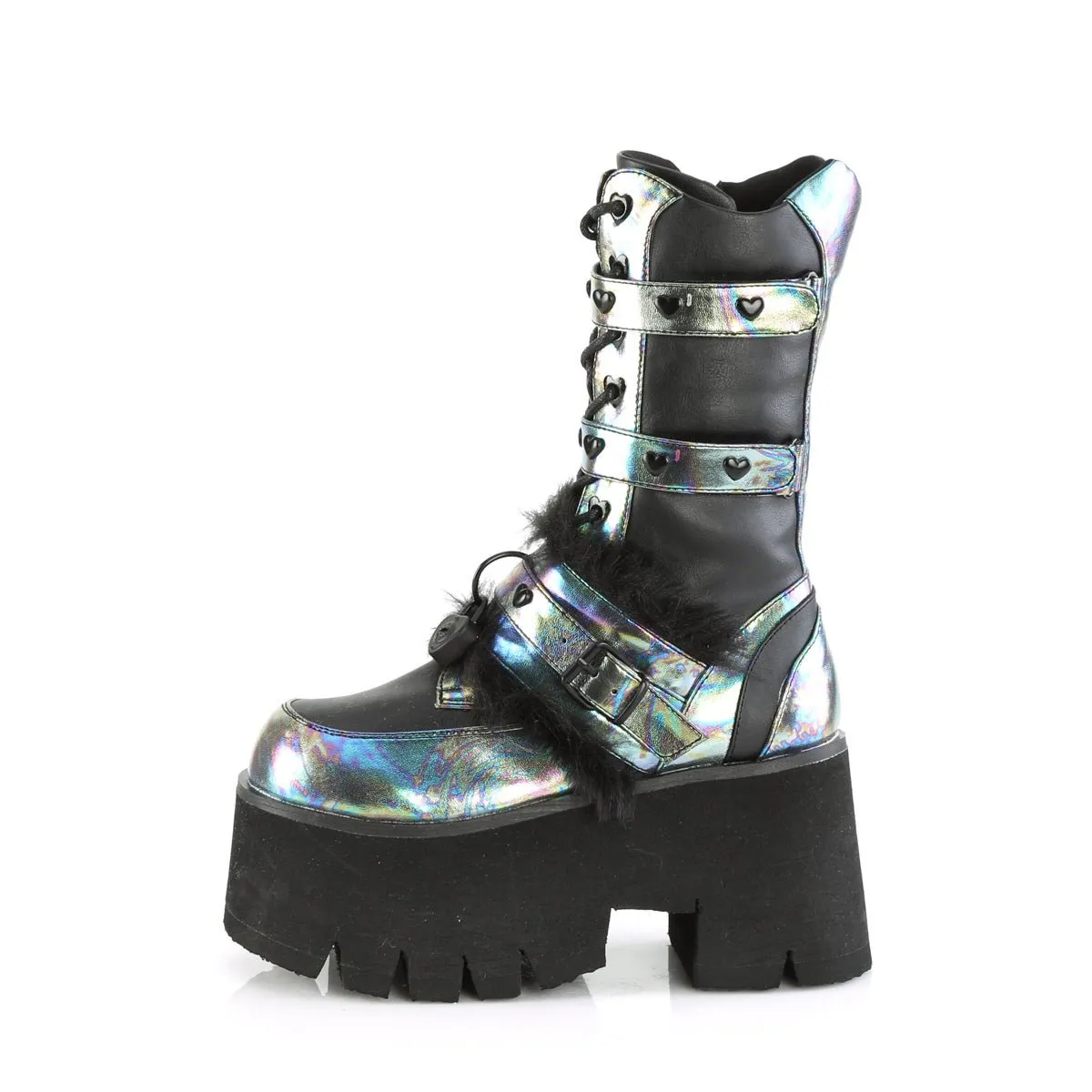 Demonia ASHES-120 | Black PU & Green Holo Mid-Calf Boots