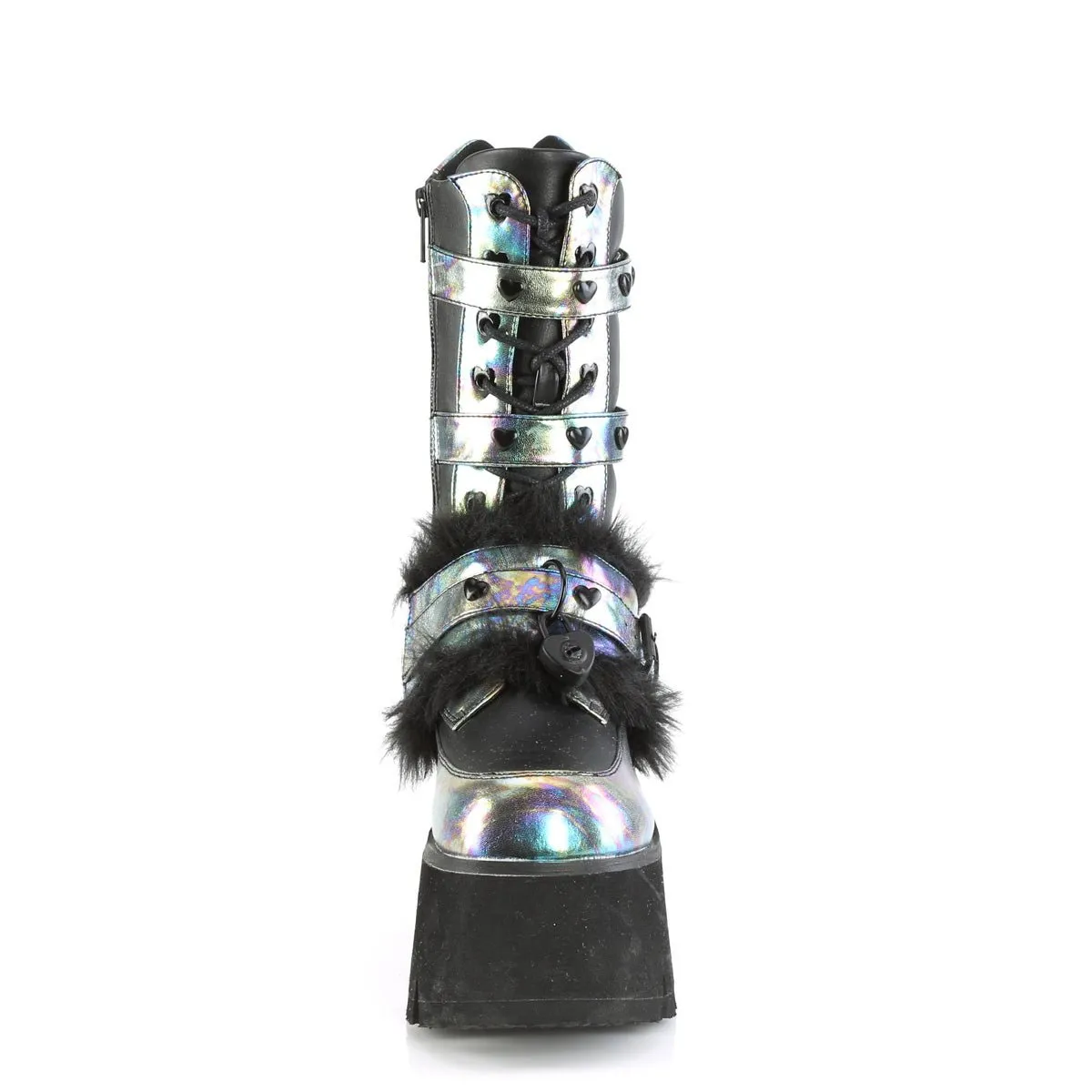 Demonia ASHES-120 | Black PU & Green Holo Mid-Calf Boots