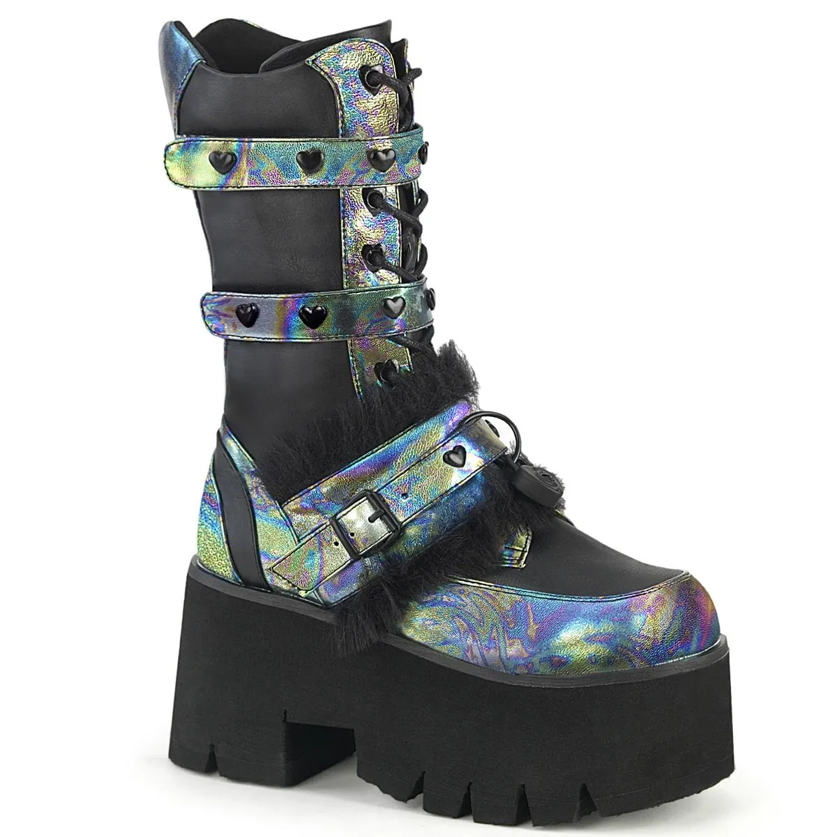 Demonia ASHES-120 | Black PU & Green Holo Mid-Calf Boots