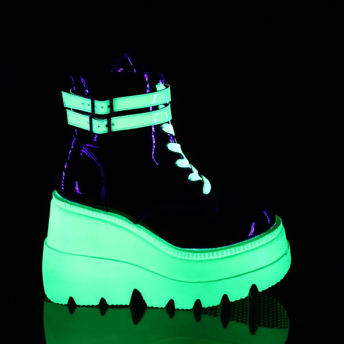 Demonia SHAKER-52 | Blk & Green Pat. Leather Neon UV Ankle Boots