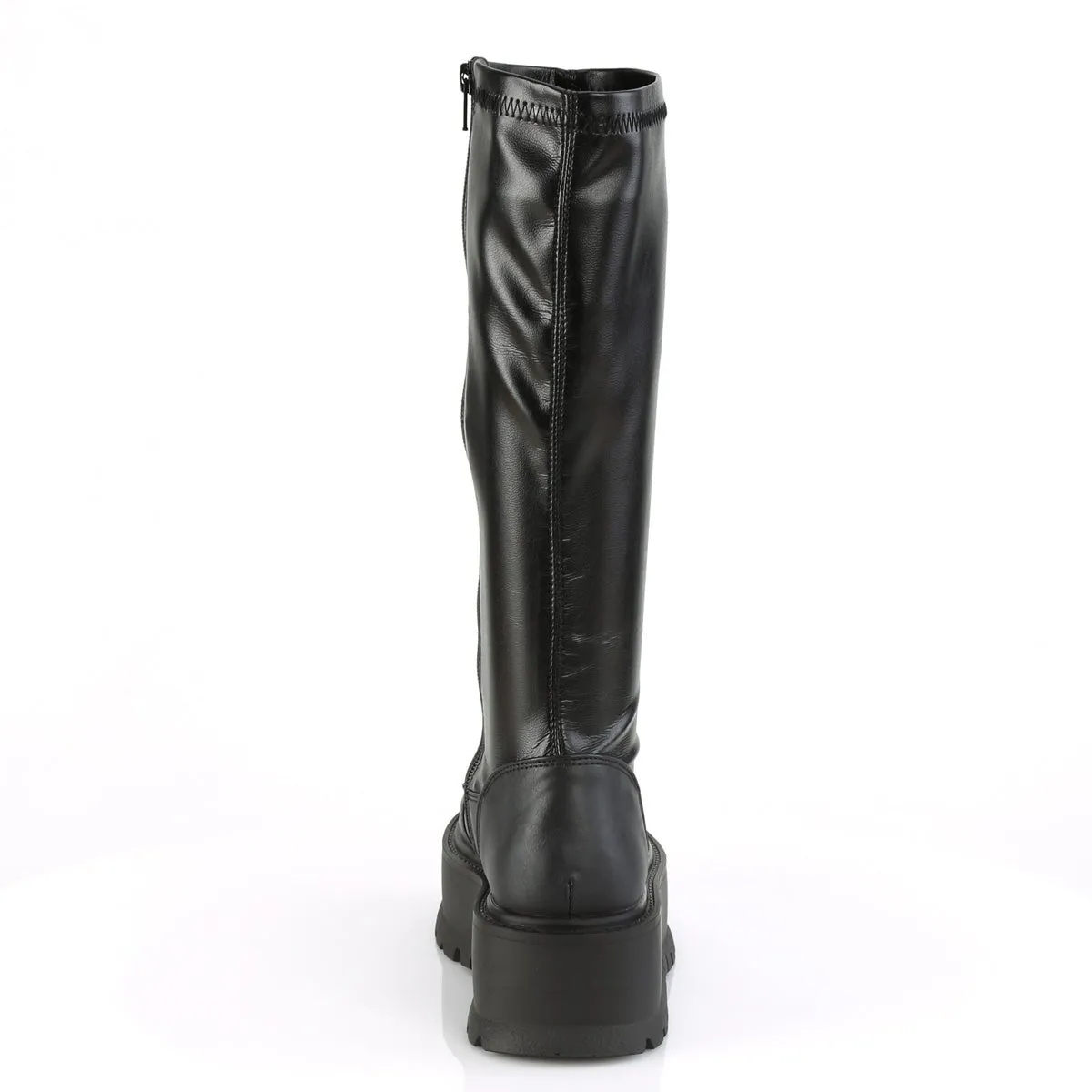 Demonia SLACKER-200 | Black Stretch Vegan Leather Knee High Boots