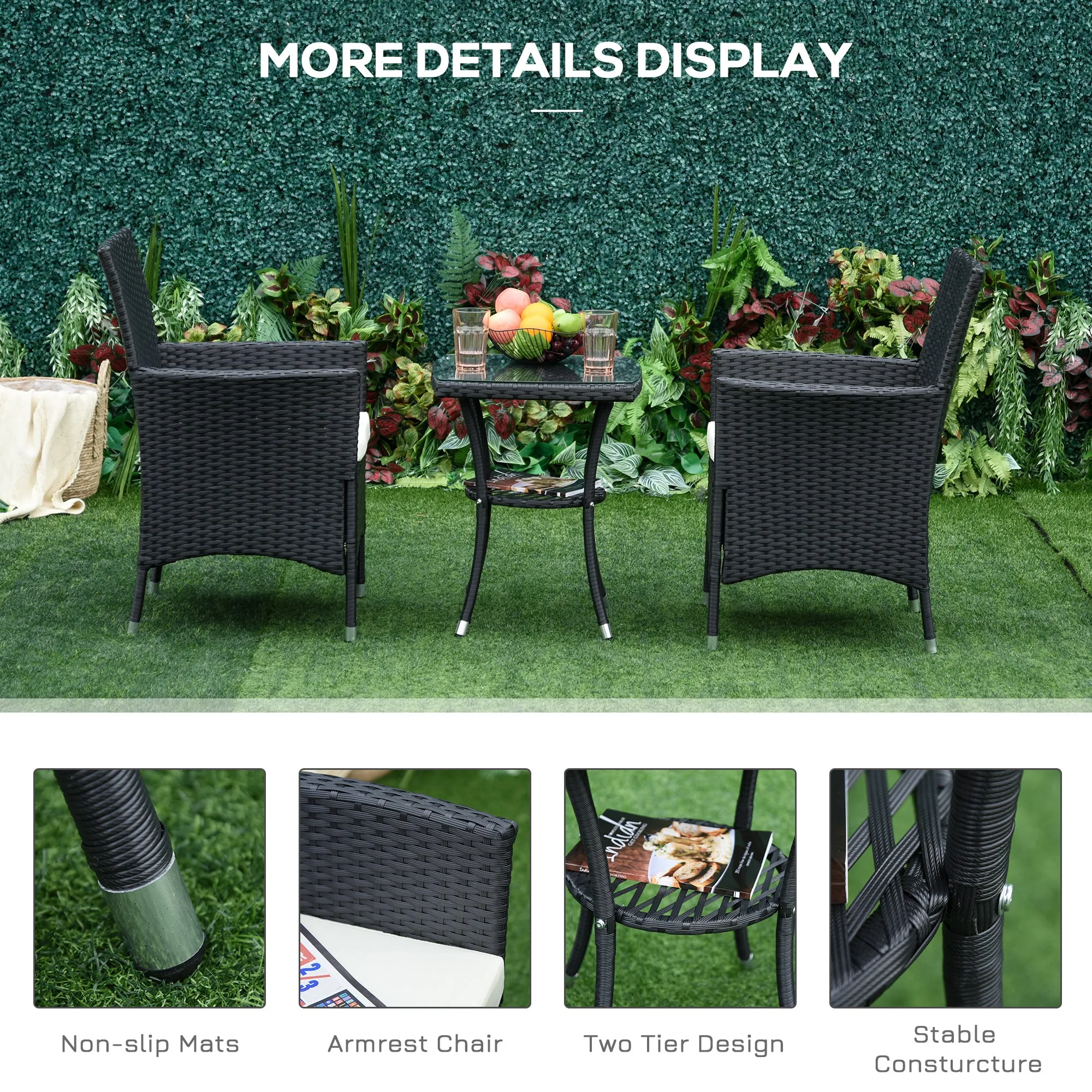 Garden Outdoor Rattan Furniture Bistro Set 3 PCs Patio Weave Companion Chair Table Set Conservatory (Black)