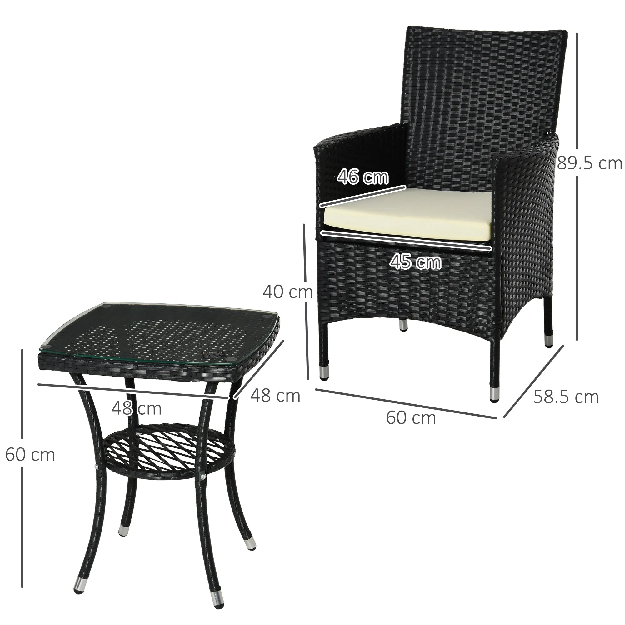 Garden Outdoor Rattan Furniture Bistro Set 3 PCs Patio Weave Companion Chair Table Set Conservatory (Black)