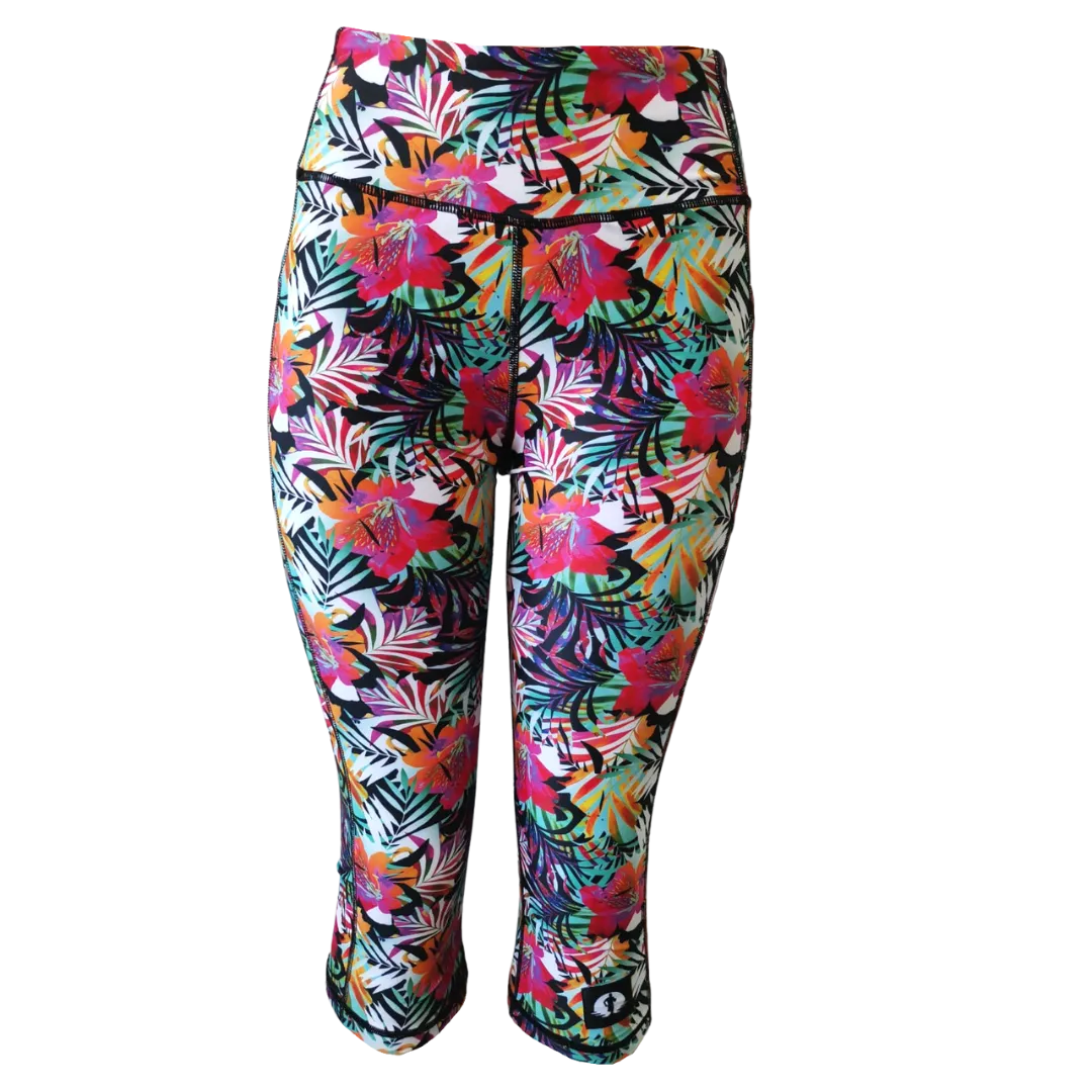 High Waist Funky 3/4 Leggings - Hibiscus Brights