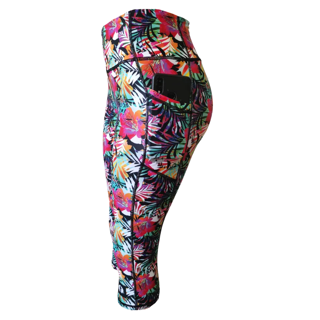 High Waist Funky 3/4 Leggings - Hibiscus Brights