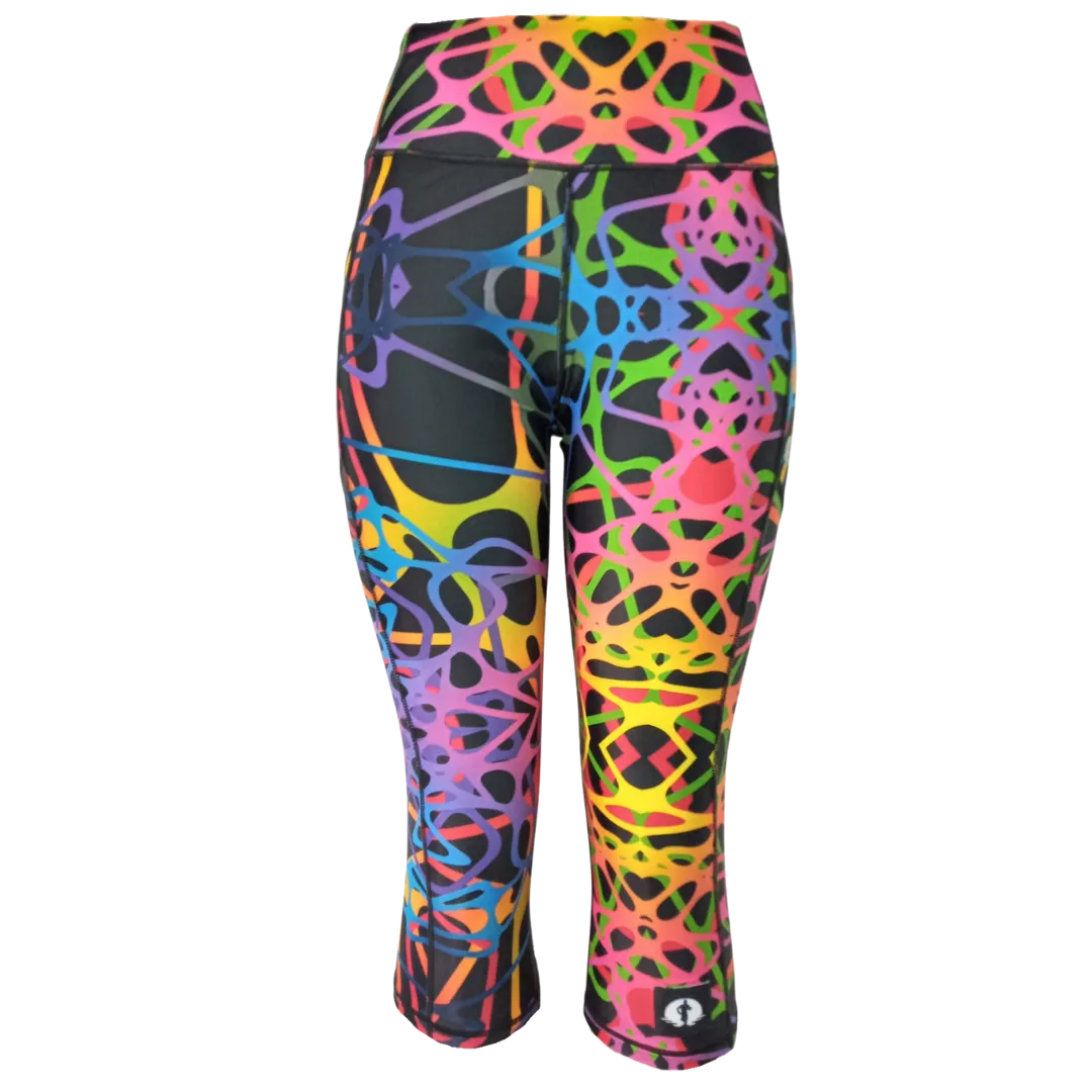 High Waist Funky 3/4 Leggings - Rainbow Veins