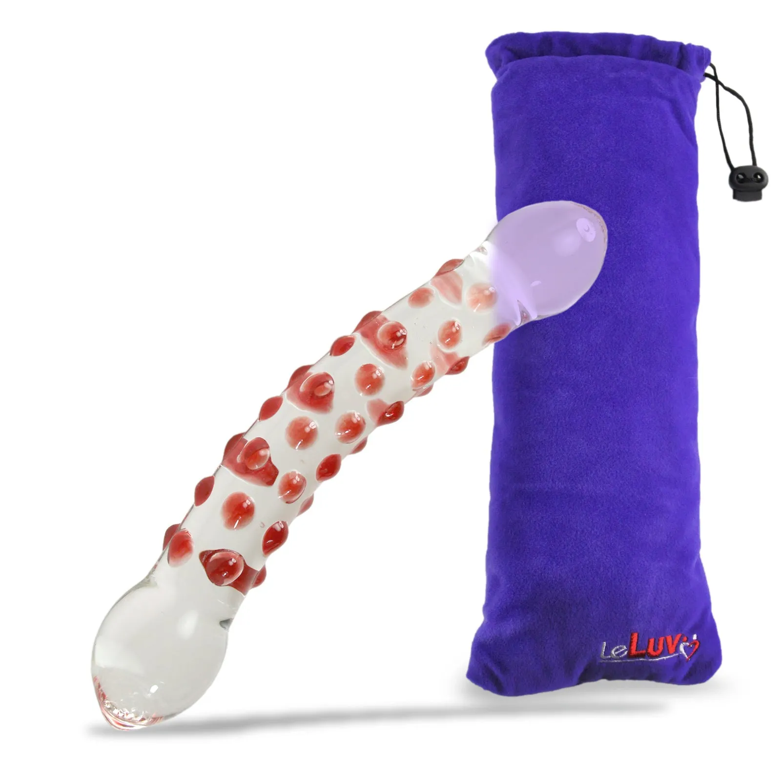 LeLuv Glass Dildo Curved Slender with Red Dots Rounded Base