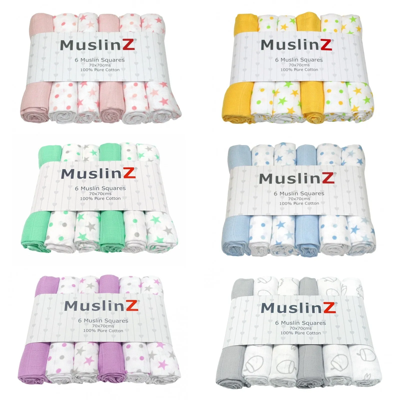 Muslin Squares Six & 12 Pack - Nine Colours & Patterns