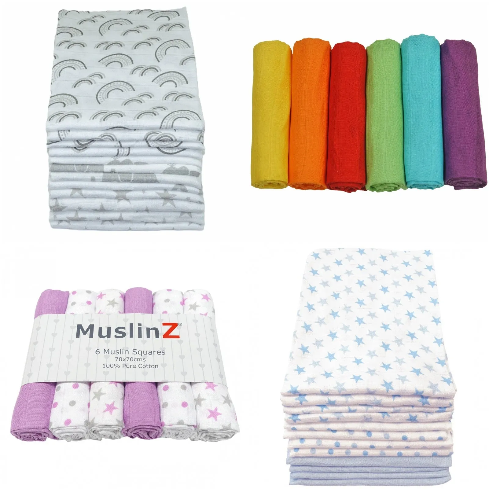 Muslin Squares Six & 12 Pack - Nine Colours & Patterns