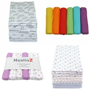 Muslin Squares Six & 12 Pack - Nine Colours & Patterns