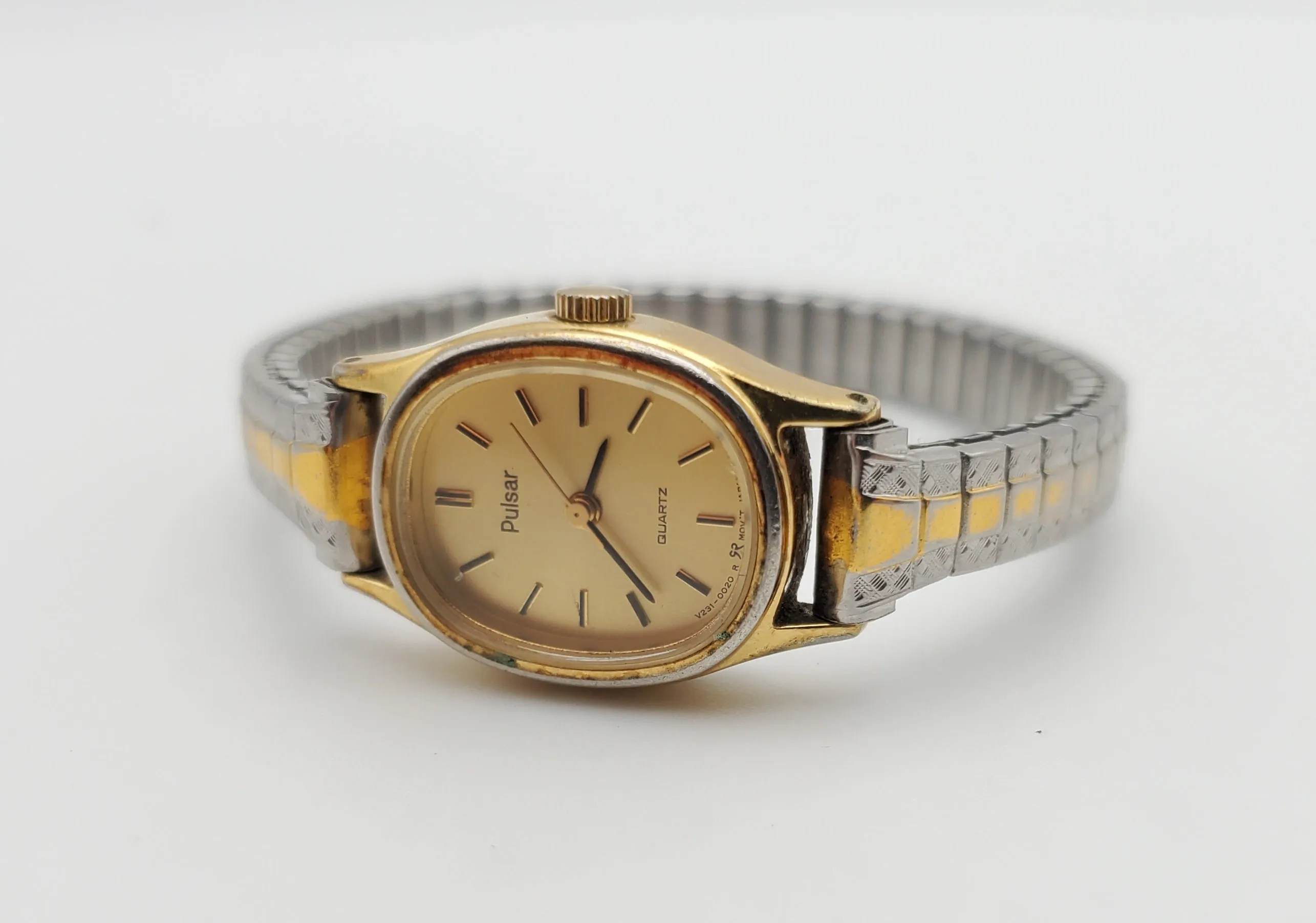 Pulsar - Vintage Stainless Steel Two-Tone Quartz Movement Stretch Bracelet - RUNS BACKWARDS