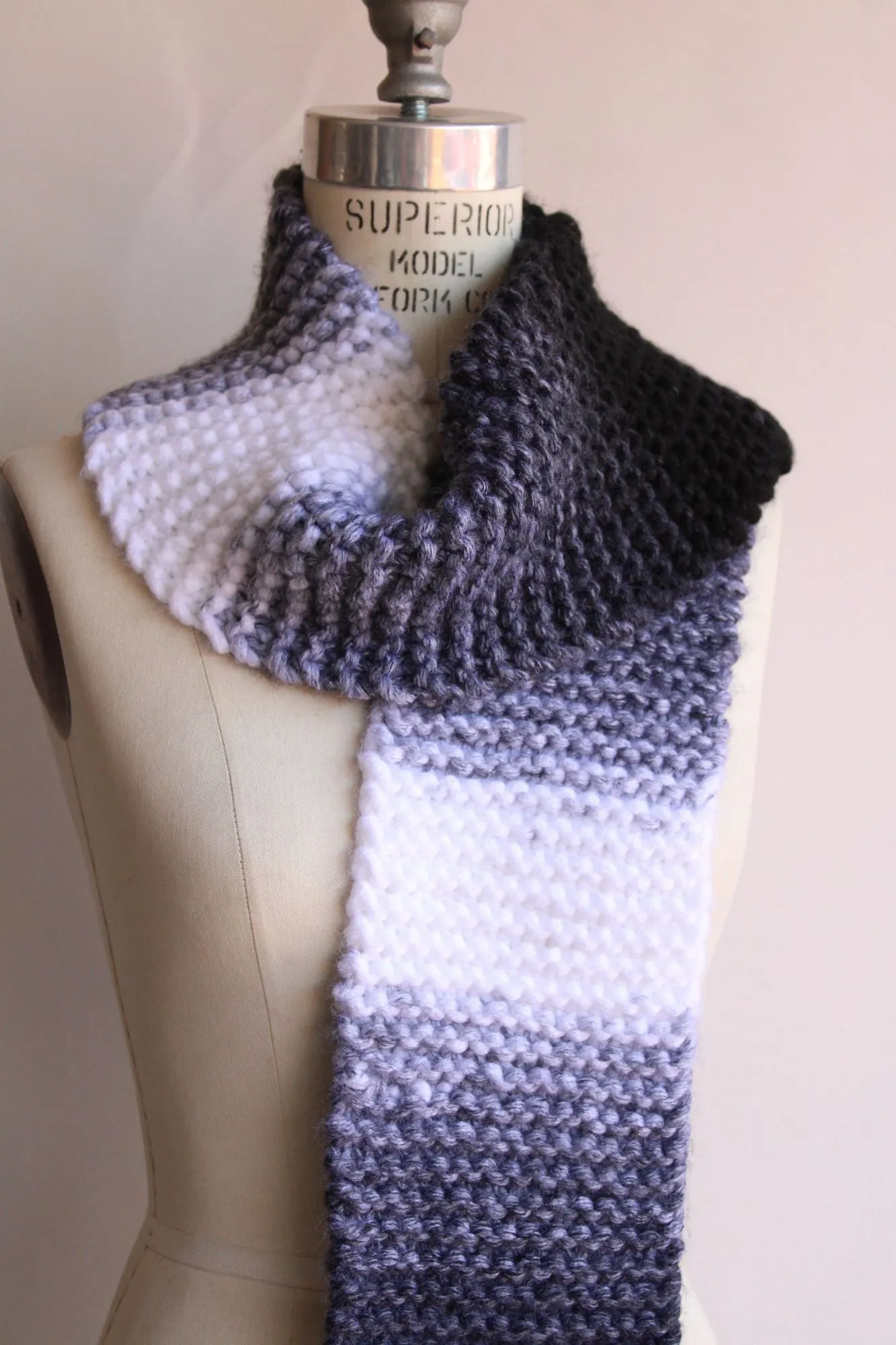 "Winter Ash" Hand Knit Scarf with Fringe in Ombre Black, Gray and White