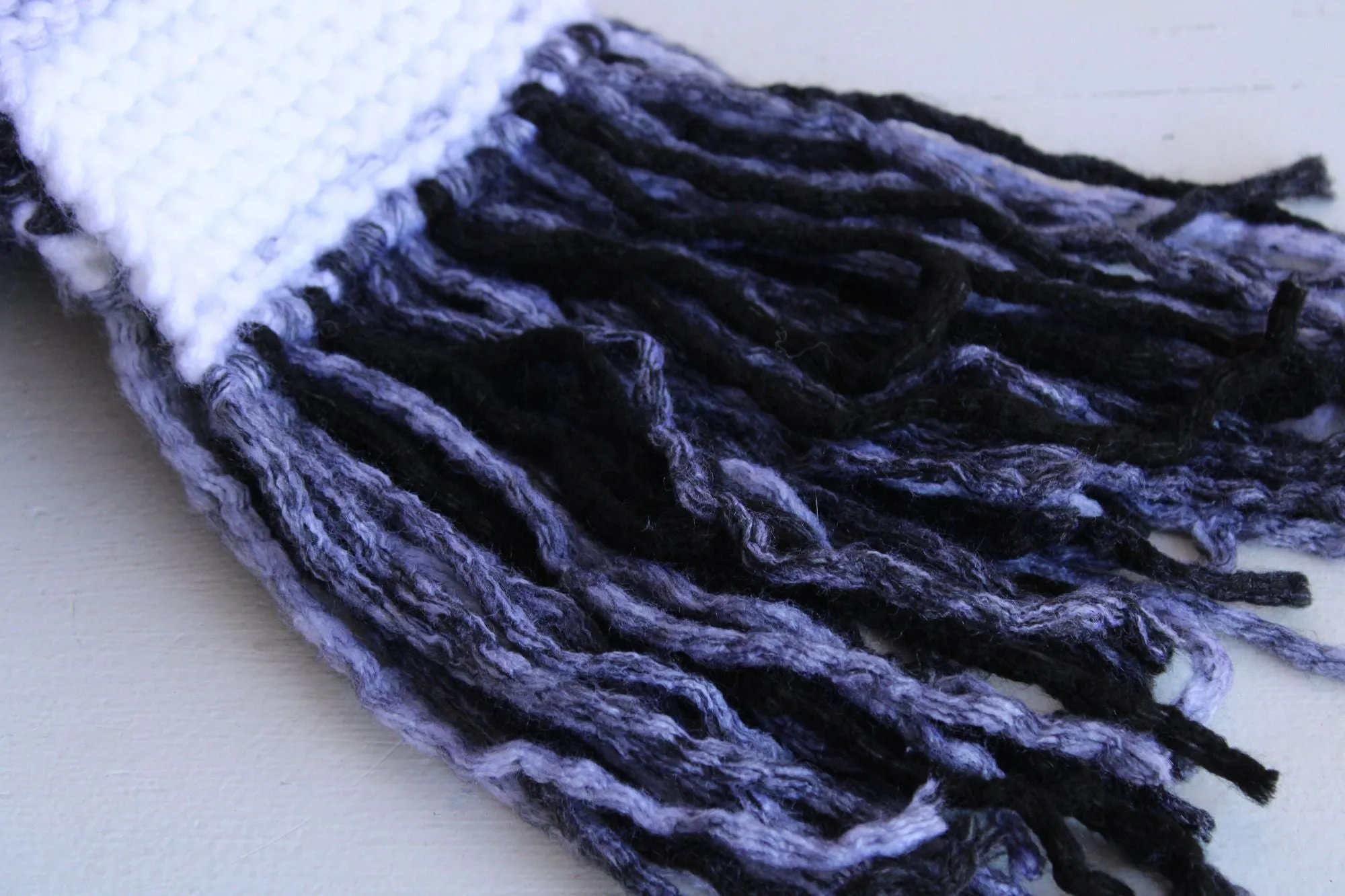 "Winter Ash" Hand Knit Scarf with Fringe in Ombre Black, Gray and White