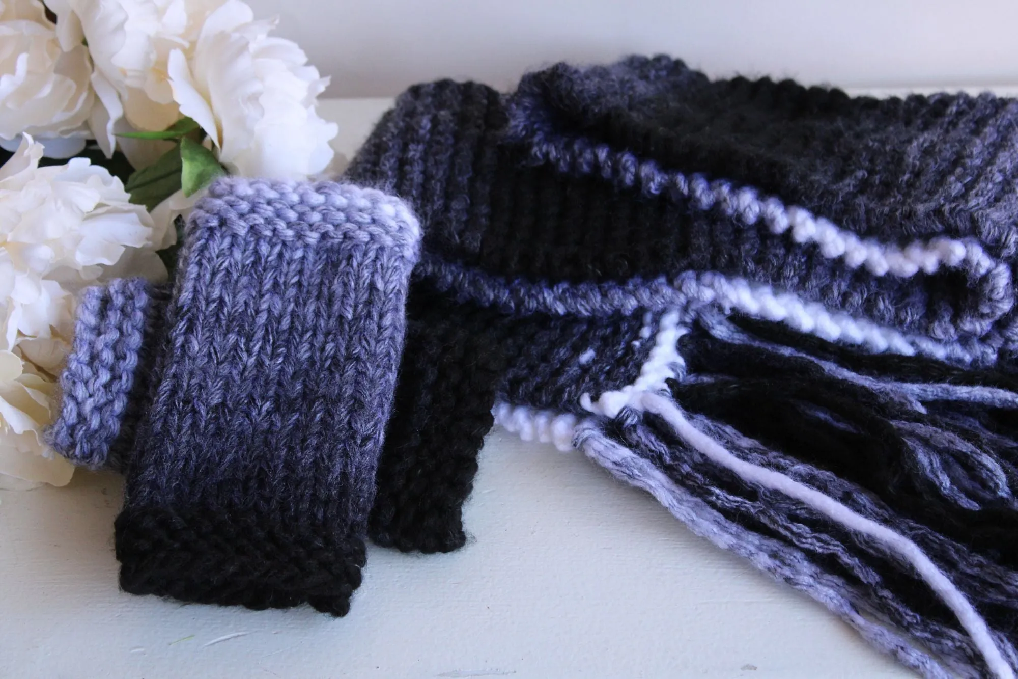 "Winter Ash" Hand Knit Scarf with Fringe in Ombre Black, Gray and White