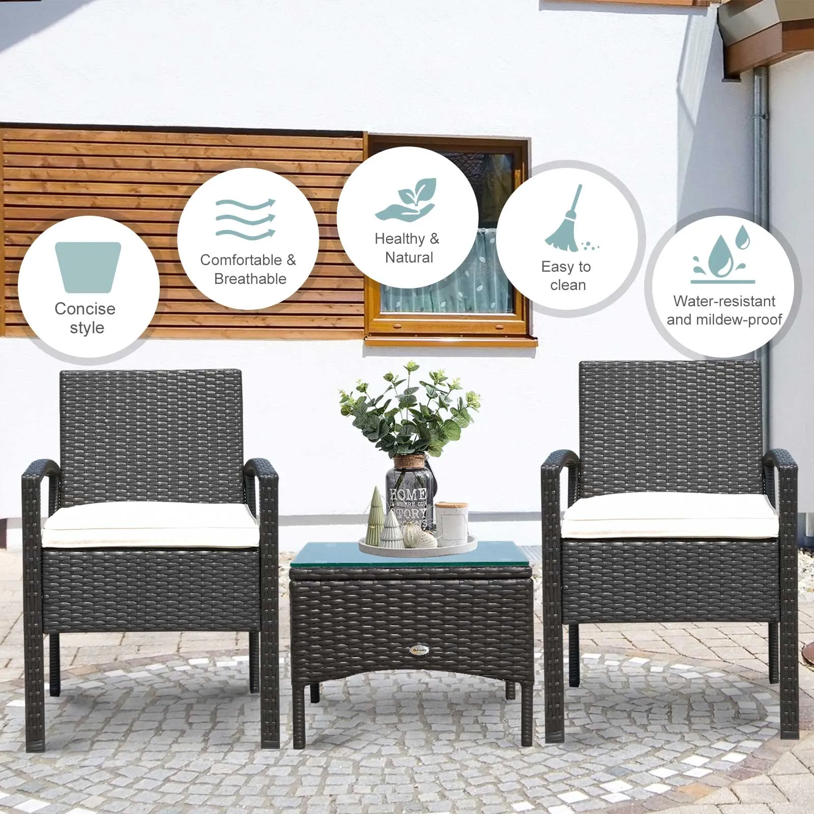 Rattan Garden Furniture 2-Seater Sofa Chair Table Bistro Set Wicker Weave Outdoor Patio Conservatory Set Steel-Brown