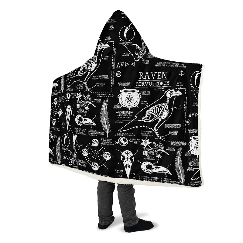 Raven Study Hooded Blanket - Cozy and Warm Wrap-around Blanket with Vegan Fur Lining and Hood