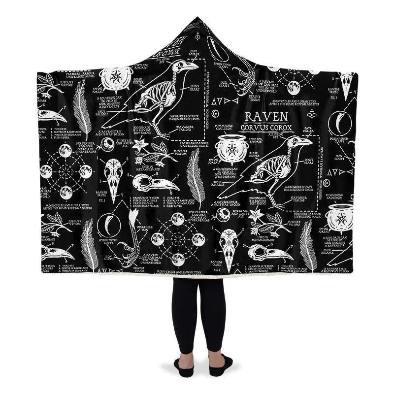 Raven Study Hooded Blanket - Cozy and Warm Wrap-around Blanket with Vegan Fur Lining and Hood