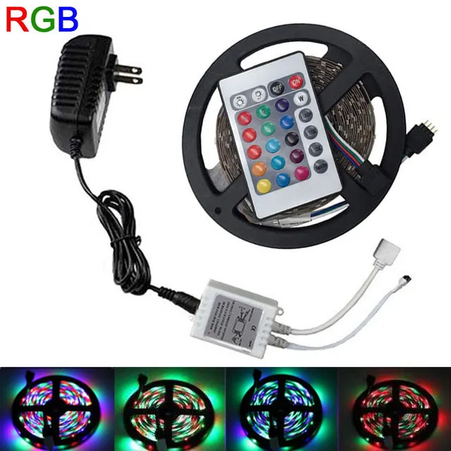 RGB led strip 3528 2835 flexible strip light non waterproof 5M 300led 24key IR remote controller DC12V power adapter EU/US/AU/UK