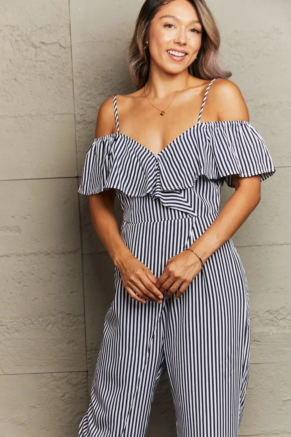 Striped Spaghetti Strap Cold-Shoulder Jumpsuit