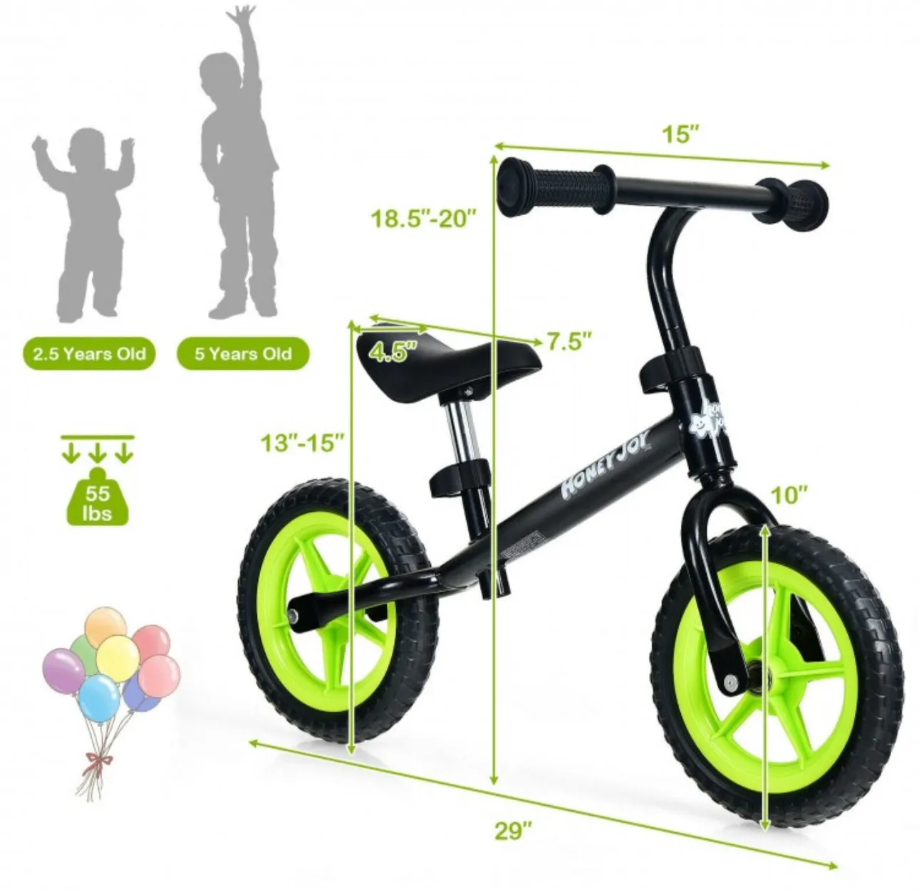 Super Cool Fun Kids No Pedal Balance Bicycle Bike Adjustable Seat, Handles Ages 2.5-5 | Very Light | Heavy Duty | Eva Rubber Wheels