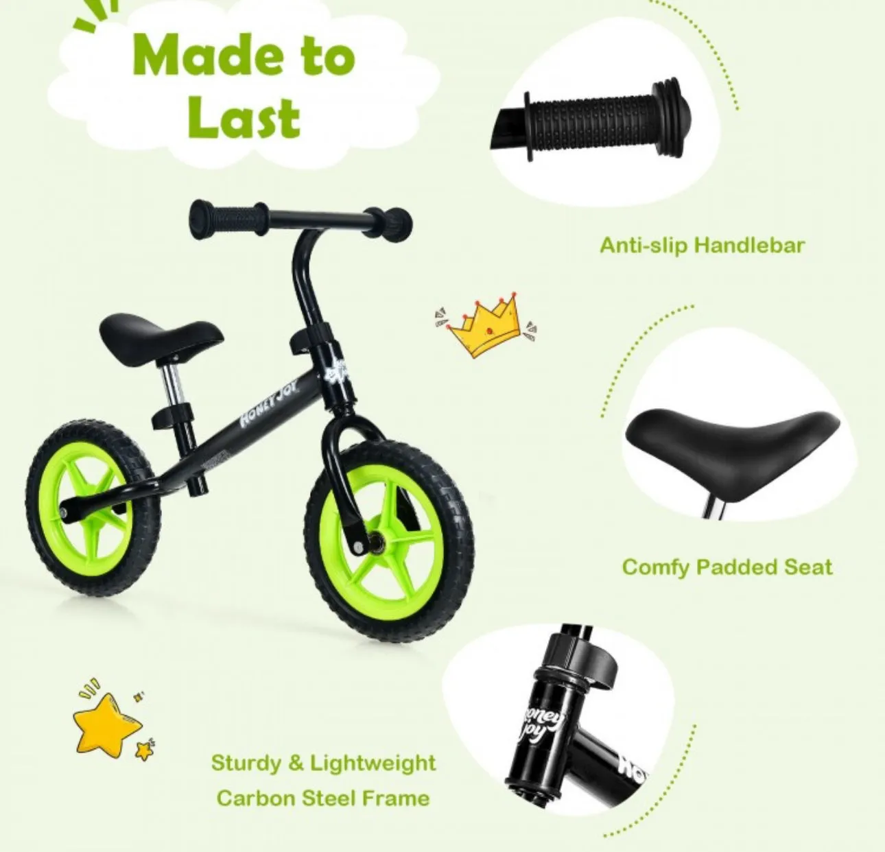 Super Cool Fun Kids No Pedal Balance Bicycle Bike Adjustable Seat, Handles Ages 2.5-5 | Very Light | Heavy Duty | Eva Rubber Wheels