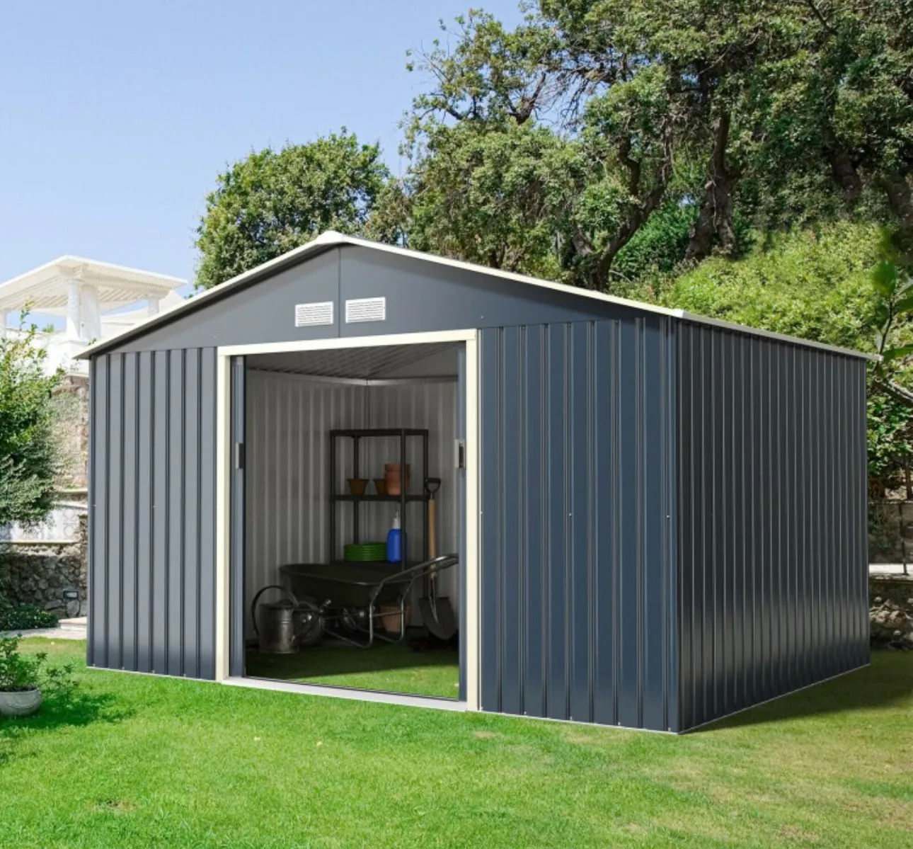 Super Duty 11x8 Ft Metal Storage Shed For Garden, Tools, | 2 Lockable Sliding Doors | Weather Resistant | 4 Air Vents | Slope Roof | Patio