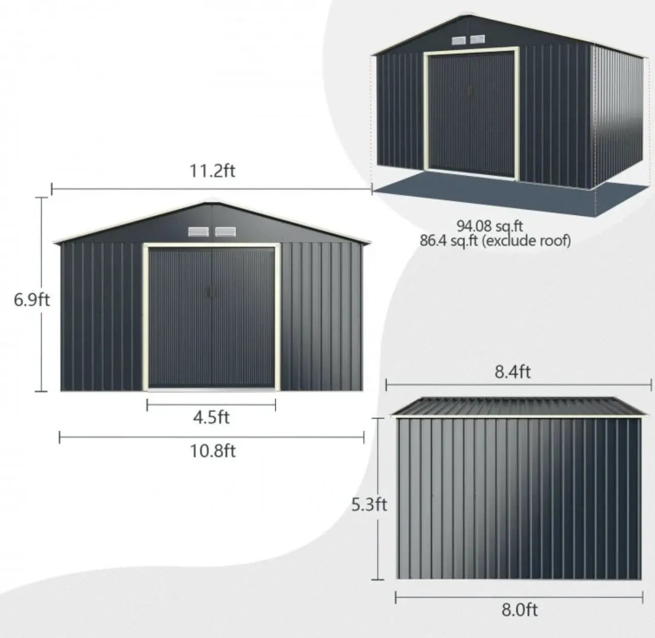 Super Duty 11x8 Ft Metal Storage Shed For Garden, Tools, | 2 Lockable Sliding Doors | Weather Resistant | 4 Air Vents | Slope Roof | Patio