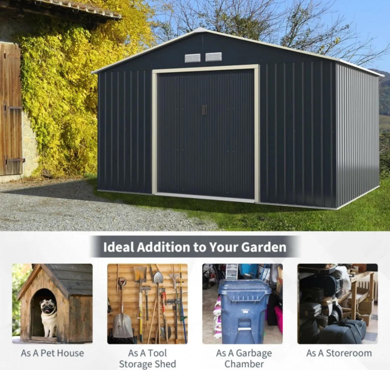 Super Duty 11x8 Ft Metal Storage Shed For Garden, Tools, | 2 Lockable Sliding Doors | Weather Resistant | 4 Air Vents | Slope Roof | Patio