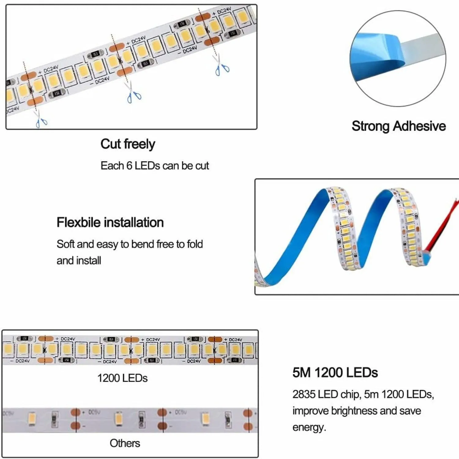 Warm White LED Strip Light 3000K 12V 240 LEDs/m 1200 LEDs IP20 Waterproof 5 Metre Strip